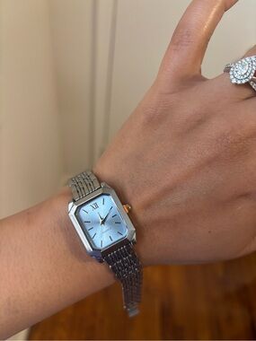 Silver Rectangular Quartz Bracelet Watch - Light Blue Dial